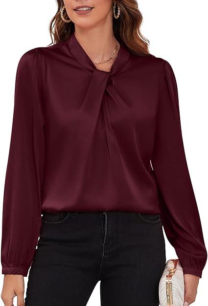 Women's Long Sleeve Satin Blouse,Mock Neck Work Silk Shirts,Dressy Tops for Business Casual Office, Size 4XL