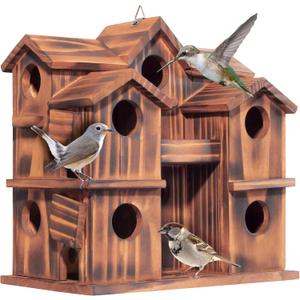 MIXUMON Wooden Bird Houses for Outside – 10 Rooms Multi-Chamber Bird House, Carbonized Pine Rustic Finish, 1.57" Entrance Holes, Individual Cleaning Doors, Decorative Outdoor Bird Nesting Box