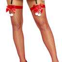RSLOVE Christmas Thigh High Stockings for Women Sexy Fishnet Tights with Bow Accent Santa Accessory Hosiery One Size (Red Middle Net)