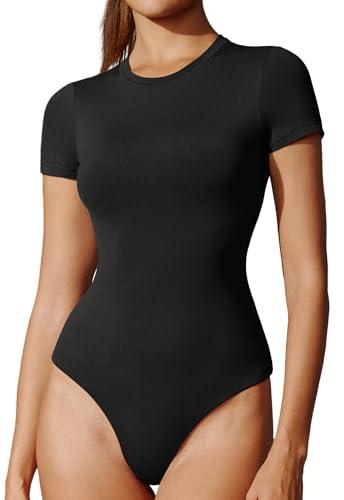 IUGA Bodysuits for Women Tummy Control Crew Neck Short Sleeve Body suits Basic Bodysuit T shirt Tops, Size XS
