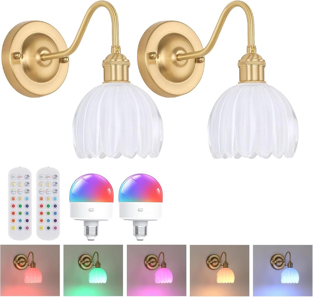 Vintage Battery Operated Wall Sconce Set of 2, 5000mAh Rechargeable Wall Light, Indoor Battery Powered Wall Lamp for Bedside Bedroom Living Room, Tulip White