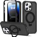 Compatible with iPhone 14 Pro Case with Magnetic Ring Stand [Compatible with Mag-Safe] [Built-in Screen Protector] Military-Grade Drop Protection Matte Translucent Phone Case, Black