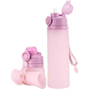 Collapsible Water Bottles 20oz, Leak Proof, BPA-Free, Foldable Silicone Travel Water Bottle with Straw Strap for Cycling, Hiking, Outdoors (Mauve)