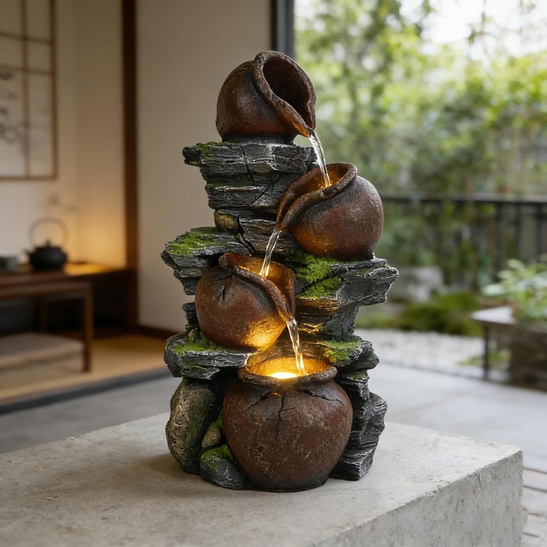 4-Tiered Outdoor Tabletop Water Fountain 17.9 | Indoor Waterfall Feature, LED Lights, Resin, Relaxation Decor, Home, Office, Yard and Garden