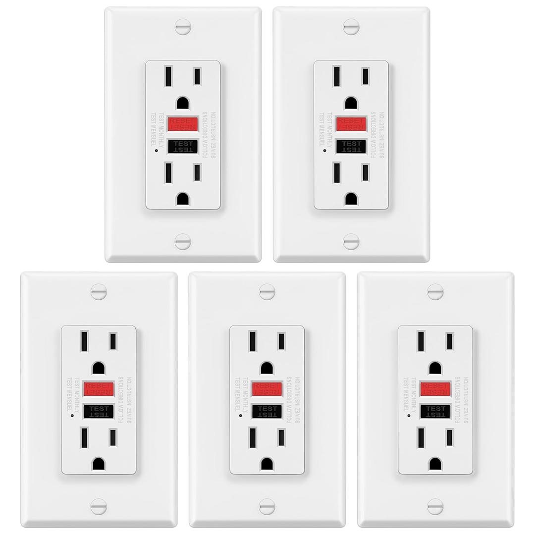 ELECTECK 5 Pack GFCI Outlets 15 Amp, Non-Tamper Resistant, Decor GFI Receptacles with LED Indicator, Ground Fault Circuit Interrupter, Wallplate Included, ETL Listed, Red/Black Button