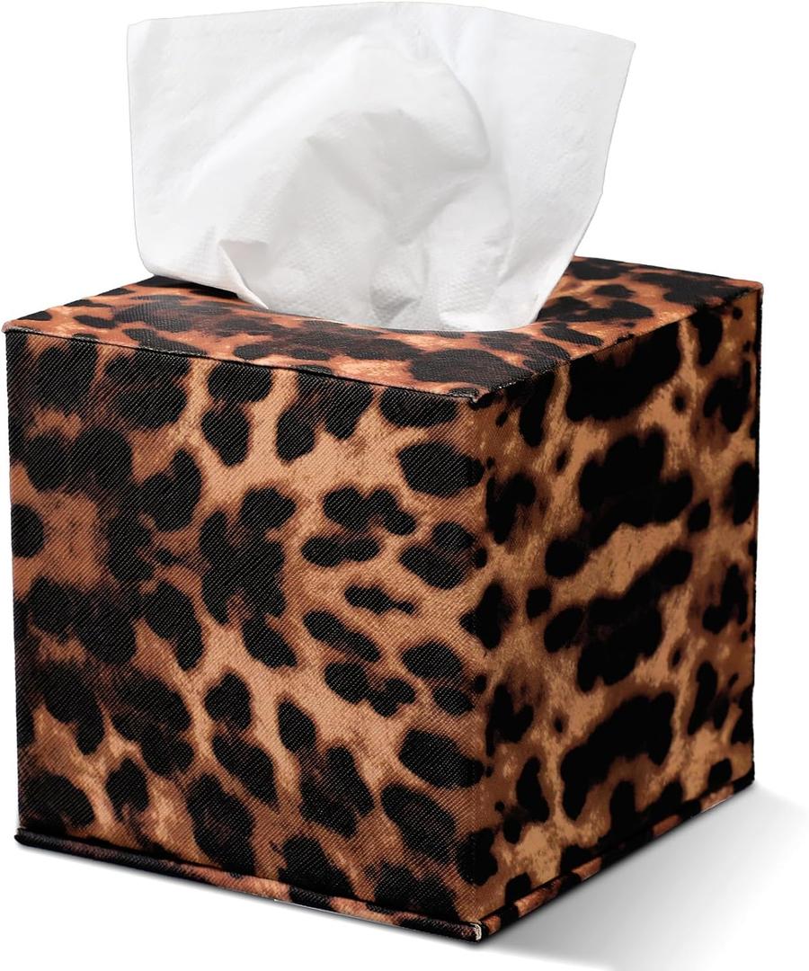 Leopard Cube Tissue Box 5.3 Inch PU Leather Square Modern Napkin Holder with Magnetic Closure for Living Room Bathroom Home Decor