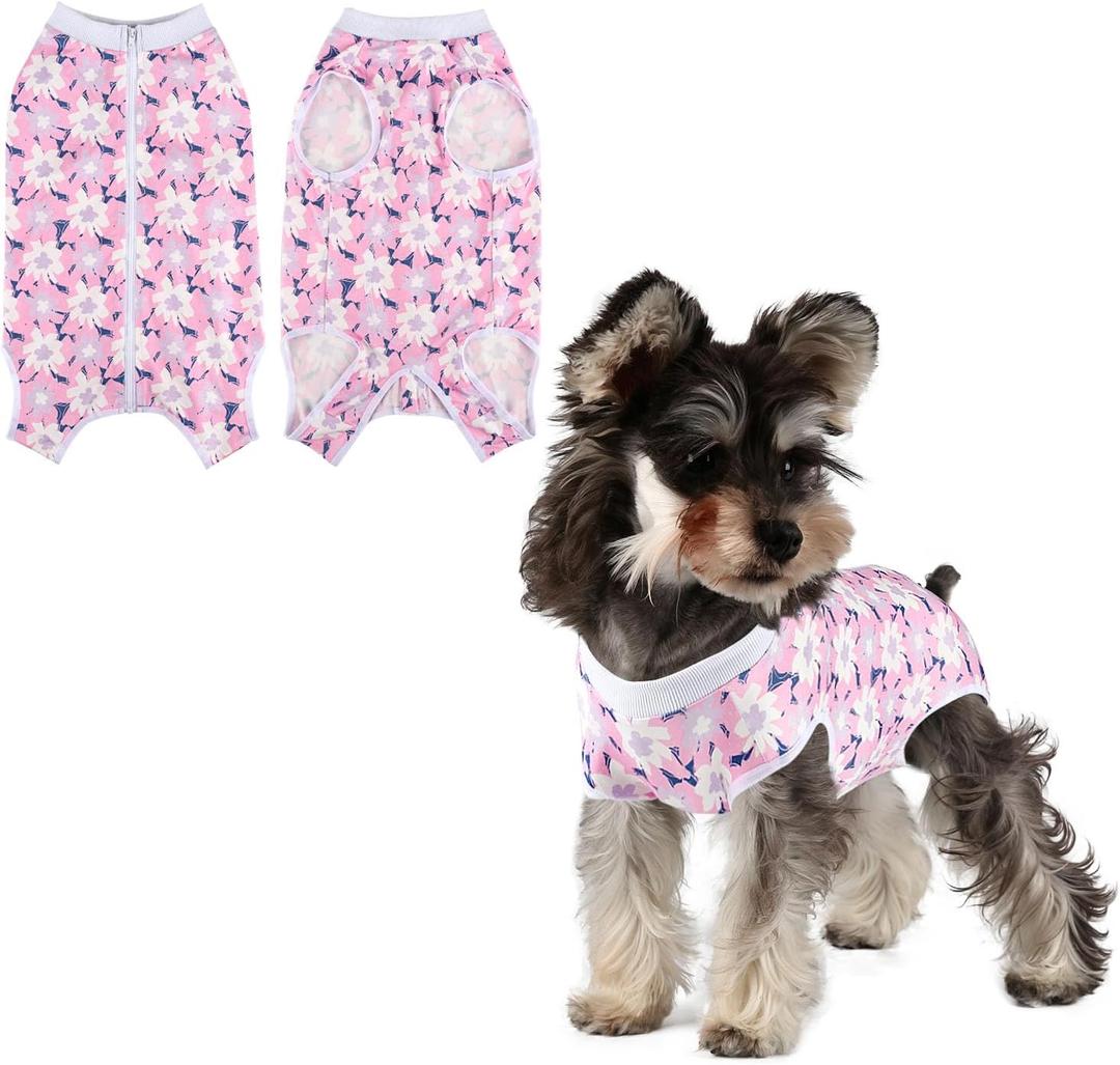 Dog Surgery Recovery Suit Puppy Surgical Clothes Abdominal Wounds Anti-Licking Dog Bodysuit Onesie Substitute E-Collar& Cone Pink Flower S