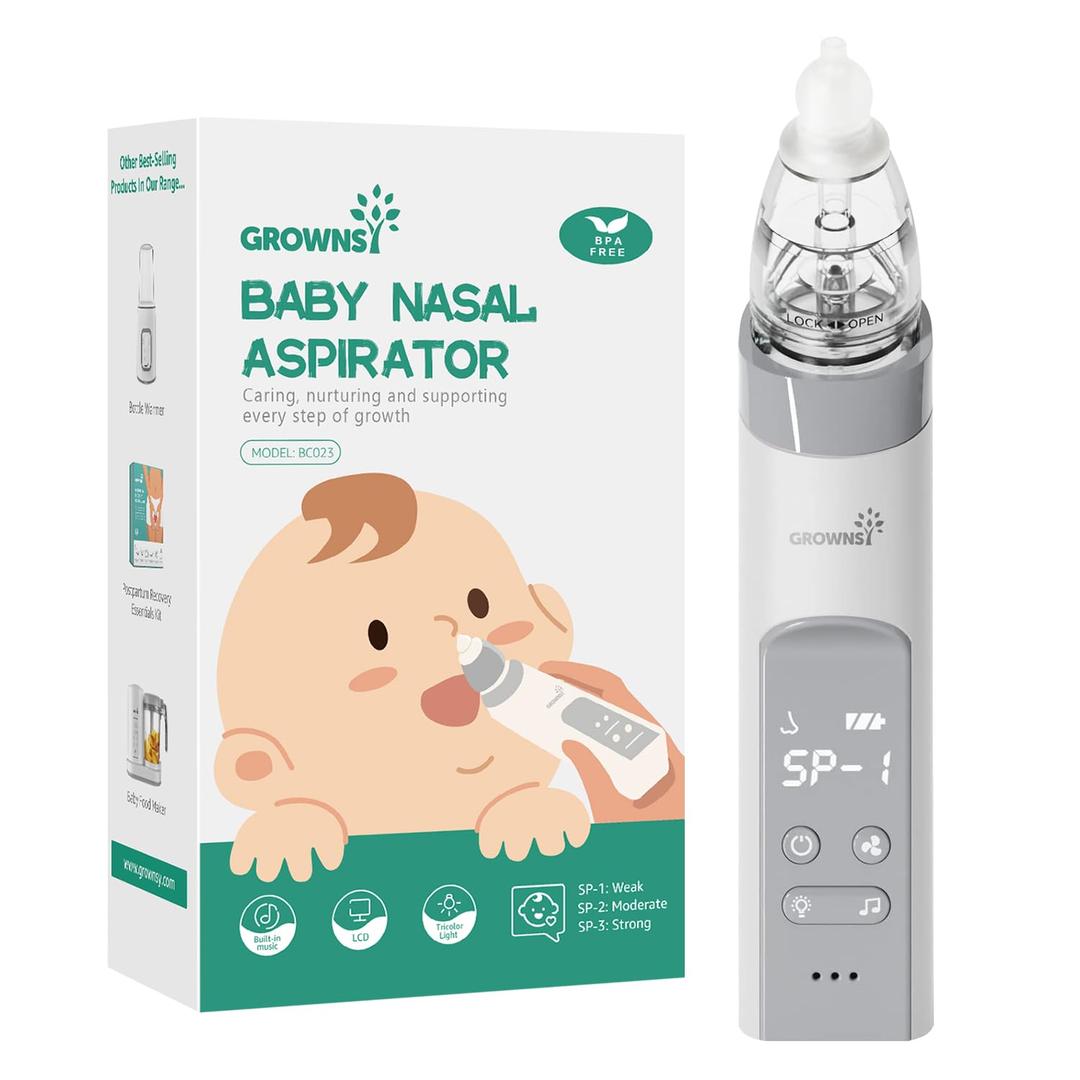 GROWNSY Nasal Aspirator for Baby, Electric Nose Aspirator for Toddler, Baby Nose Sucker, Automatic Nose Cleaner with 3 Silicone Tips, Adjustable Suction Level, Music and Light Soothing Function (Grey)