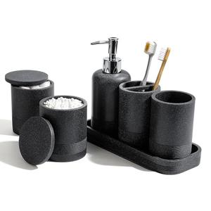Bathroom Accessories Set, 6-Piece Bathroom Accessory Set, Toothbrush Holders Set, Soap Dispenser, Vanity Tray, Tumbler, Cotton Swab Jars, Bathroom Organizer for Modern Bathrooms(Black)