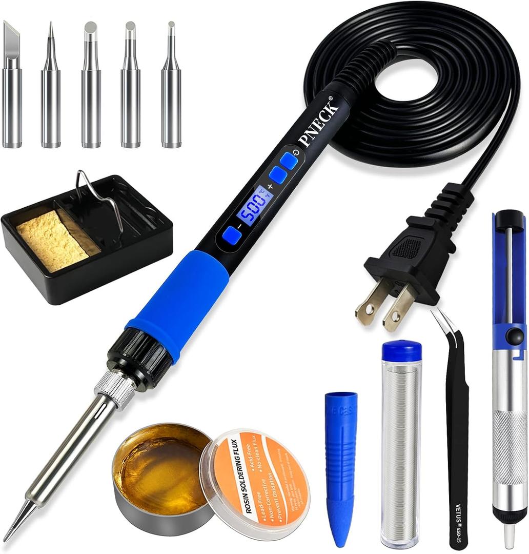 Soldering Iron Kit, 80W Soldering Iron Pen with Adjustable Temperature, LCD Display, ON/OFF Switch, 5 Tips, Solder Wire, Stand with Sponge, Pump, Paste, Tweezer, Blue