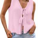 LILLUSORY Womens Crochet Tops Ladies Summer Vacation Outfits Beach Fashion Tank Y2K 2025 Cute Clothes Tie Front Sweater Vest (Medium, Pink)