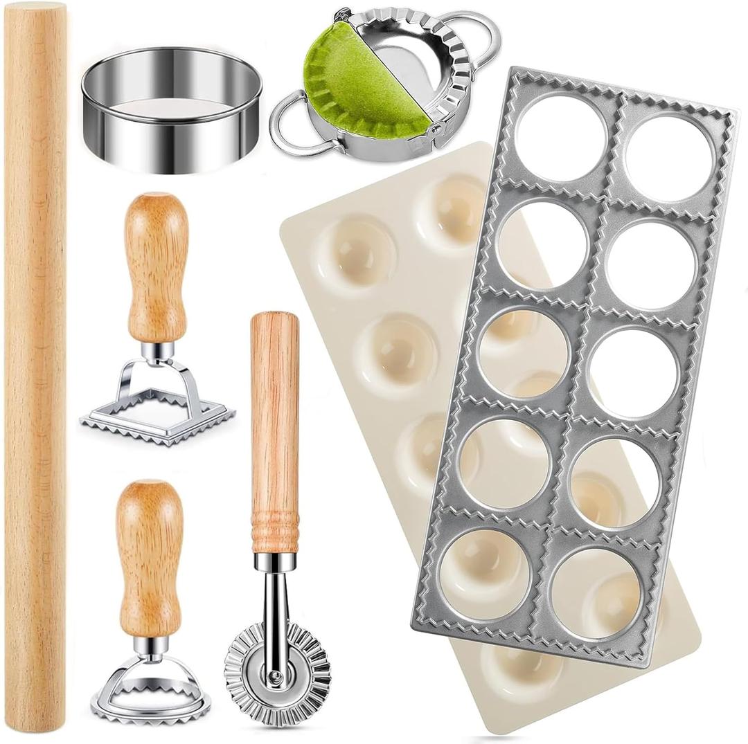 Pasta Making Tools,Wood Pasta Making Kit with 3 Rolling Pins,Gnocchi Board,Dough Cutter,Ravioli Cutter,2 Pasta Stamps,Making Dumplings.Pasta Making Accessories for Home (9 piece)