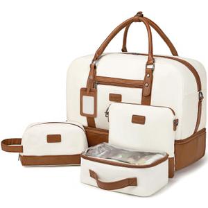 Wogarl Weekender Bags for Women Large Overnight Bag Weekend Travel Duffel Bag Carry on Shoulder with Shoe Compartment Toiletry Bag for Travel Business Gym (Light Brown)