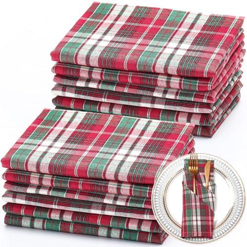 Tegeme Set of 12 Christmas Gingham Cloth Napkins 18 x 18 Inches Checkered Plaid Dinner Napkins Washable Polyester Fiber Stain Resistant for Holiday Xmas Party