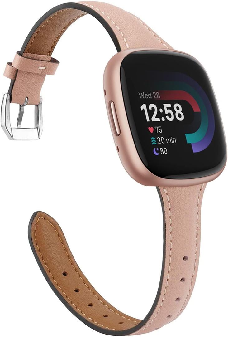 Moolia Compatible with Fitbit Versa 4/Versa 3/Sense 2/Sense Band for Women Slim Strap, Top Grain Genuine Thin Leather Replacement Wristband for Women for Versa 4/Versa 3 Watch Band, Sand Pink