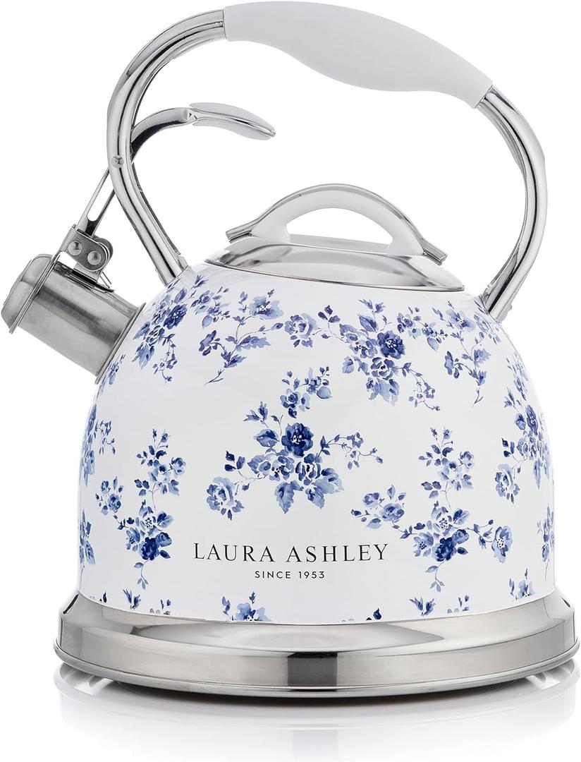 Laura Ashley China Rose Stovetop Kettle with Whistle - 2.5L Fast Boil Stainless Steel Kettle Stove Top - Silicon Coated Cool Handle Camping Kettle for Gas, Induction Hob - Compatible with Aga Stove