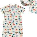 Toddler Boys Rash Guard Swimsuit Sea World Animal Print Zipper Short Sleeve Bathing Suit with Swim Cap for Kids (0-3 Months, Khaki)