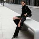 Fur Knee High Boots for Women Pointed Toe Stiletto Heel Fold Over Tall Boots Fashion Wide Calf Long Booties (Black)Size: 7