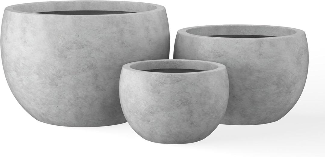 Kante 19.9",15.7",11.8" Dia Round Concrete Planter Set of 3, Outdoor/Indoor Large Bowl Plant Pots with Drainage Hole and Rubber Plug for Garden Patio Balcony Home, Natural Concrete