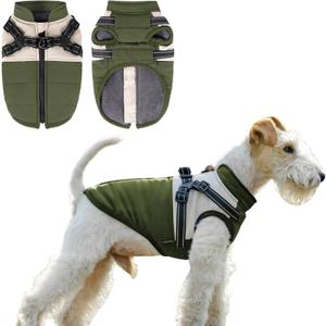 Dog Winter Coat for Small & Medium Dogs, Waterproof Dog Coat with Harness, Puppies Windproof Puppy Puffer Jacket, Snowsuit for Dachshund, Frenchie, Corgi (Classic Green,S) (Small(6-9lb))