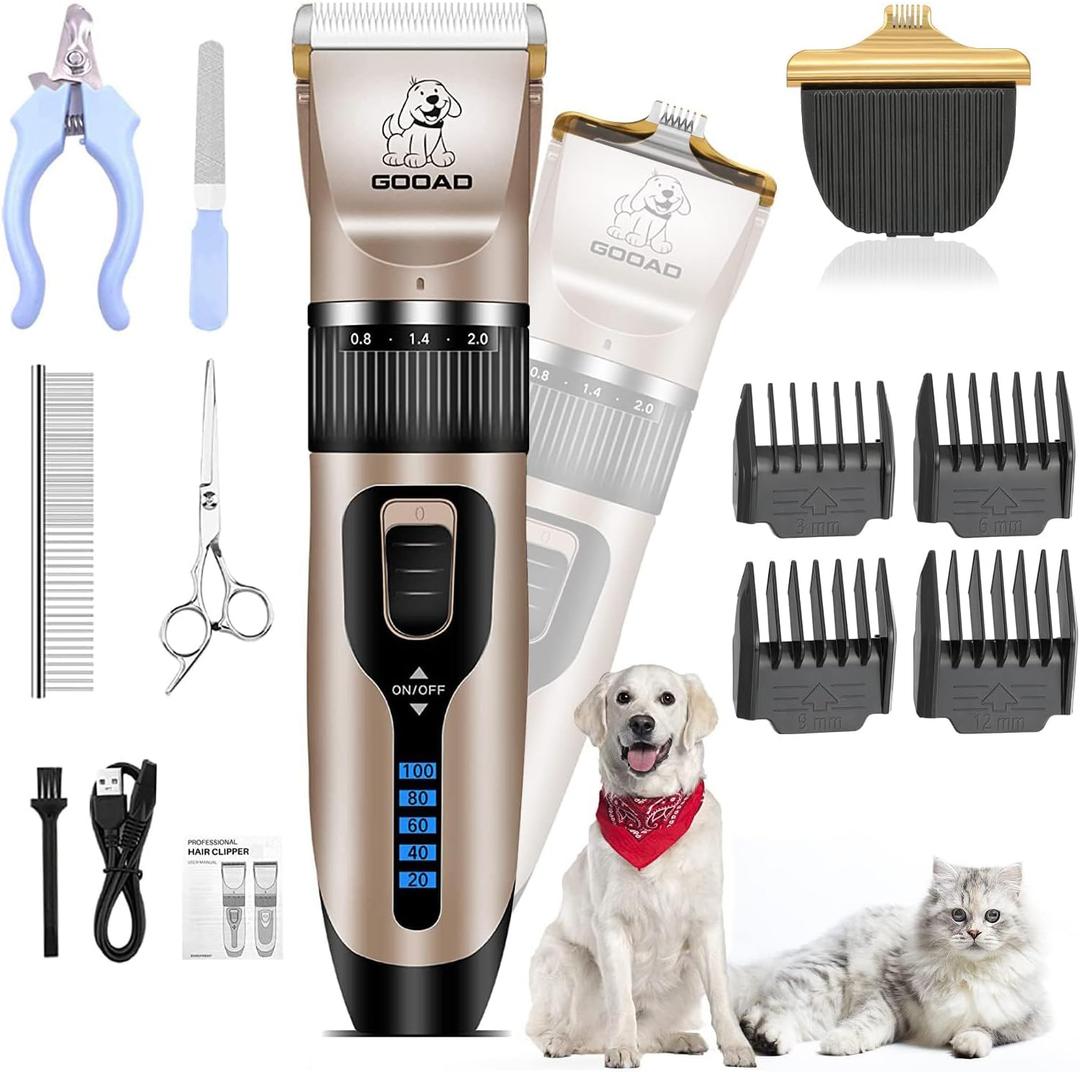 Dog Clippers for Grooming,Dog Grooming Kit for Heavy Thick Hair&Coats/Low Noise Rechargeable Cordless Hair Trimmer/Pet Shaver with Paw Trimmer for Small & Large Dogs Cats (Gold)