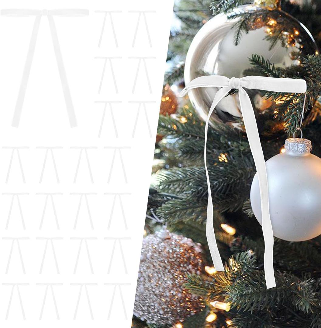 SIMISI RIBBON 24Pcs White Christmas Velvet Ribbon Bows Decorations Xmas Ornaments Vintage Decor for Tree, Wreath, Garland (3/8'' Width, 5 * 7 Inch)