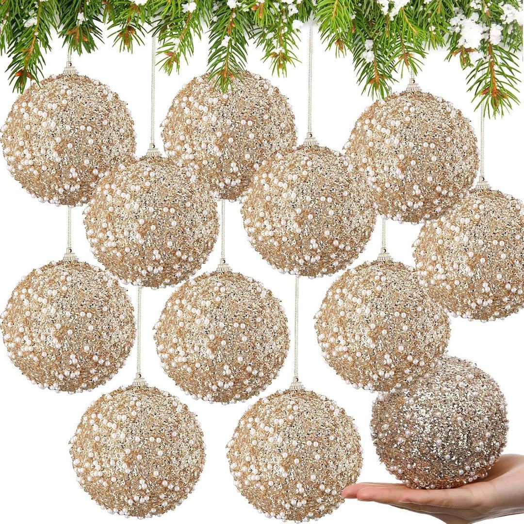 Lyrow 12 Pcs Large Glitter Christmas Ball Ornament Vintage Foam Christmas Tree Balls Sequin Hanging Ornament for Xmas Tree Home Wedding Winter Holiday Party Decor(Champagne Gold,4 Inch)