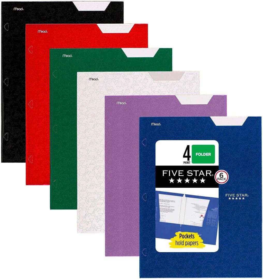 Five Star 4-Pocket Folder, 6 Pack, Paper Folder, Fits 3-Ring Binders, Holds 8-1/2" x 11" Paper, Assorted Colors (38058) (Black, Blue, Red, Green, Purple, White)