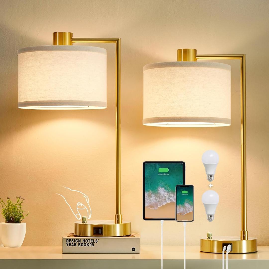 Luvkczc Table Lamp for Bedroom Set of 2 with USB C+A Ports, Fully Stepless Dimmable Bedside Lamp with Linen Lampshade, Nightstand Lamp for Living Room Reading Office, 2 LED Bulbs Included (Gold)