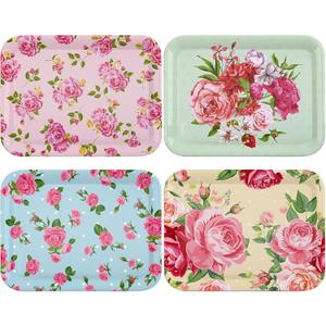 4 Pcs Melamine Serving Trays Platters Snack Trays Reusable Rectangle Platters for Sports Game Day Flower Tea Party Food Dessert Cookies Serving Plates Supplies, 13 x 9.7 Inch(Flower)