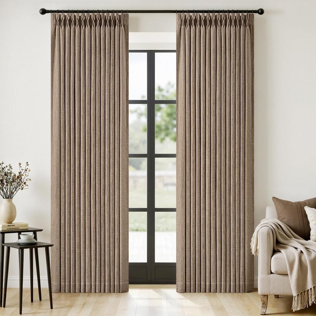MIULEE Pinch Pleated Thick Linen Curtains 96 Inches Long 2 Panels for Living Room Bedroom, Linen Memory Trained Drapes Back Tab Light Filtering Country Farmhouse Burlap Brown Curtains with Hooks