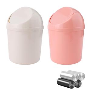 2 Pcs Plastic Mini Wastebasket Trash Can with Swing Lid with 120 Trash Bags, Tiny Desktop Waste Garbage Bin for Home, Office, Kitchen, Vanity Tabletop, Bedroom, Bathroom (Pink + Beige)