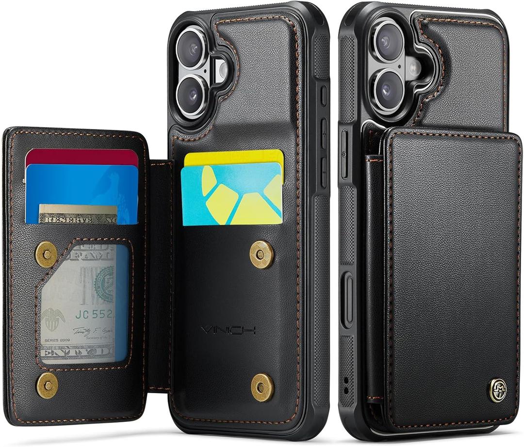 Vinich for iPhone 16 Wallet Case with Card Holder, RFID Blocking Credit Slots Kickstand Shockproof Phone Cover Fit for iPhone 16 6.1" Black