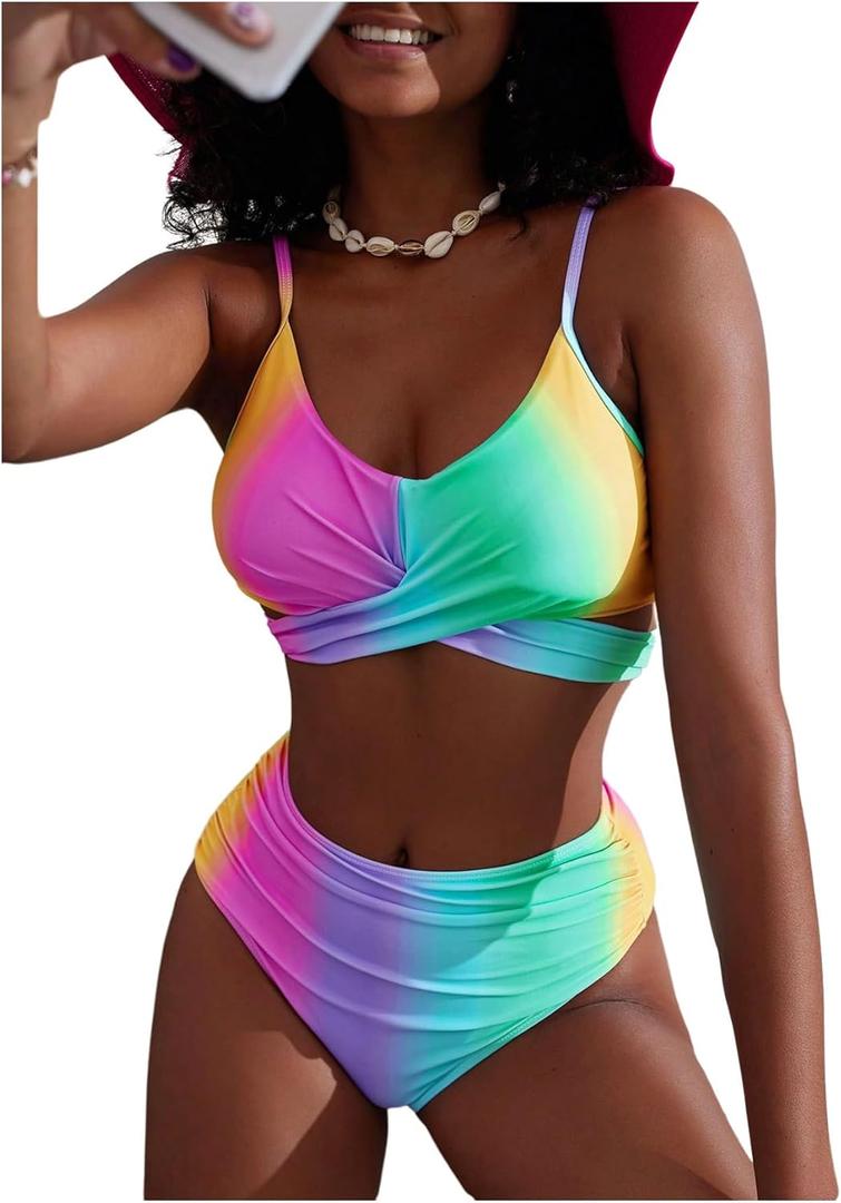 Verdusa Women's 2 Piece Tie Dye Swimsuits Y2k Ruched Wrap High Waisted Tummy Control Bikini Set (X-Large, Multicolor)