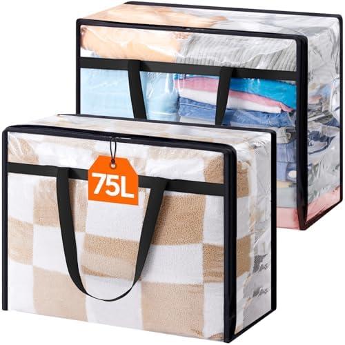 Lifewit 2 Pack Clear Clothes Storage Bags, 75L Plastic Blanket Storage Bag, Vinyl Foldable Moving Bags with Zipper, Closet Organizers and Storage Containers for Bedding, Duvet, Comforter