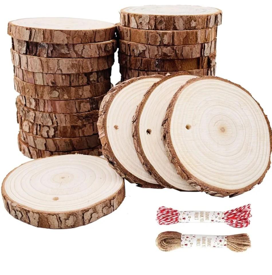 Unfinished Natural Wood Slices 25Pcs 3.1-3.5 inch Wood Coaster Pieces Craft Wood kit Predrilled with Hole Wooden Circles Great for Arts and Crafts Christmas Ornaments DIY Crafts Rustic Wedding