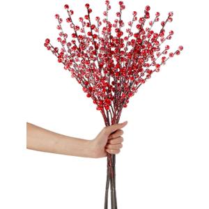 WILLBOND Artificial Red Berry Stems 21.6 Inch Christmas Red Berries Holly Berry Branches for Christmas Tree New Year Decor DIY Craft (8, Snow Slurry Style)