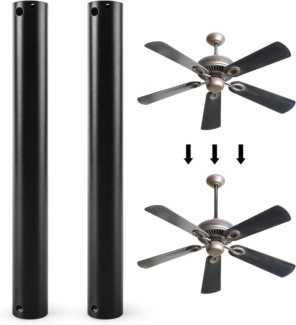 2 Pcs Ceiling Fan Downrod, 12 Inch Black Ceiling Fan Extension Downrod, 1 Inch Diameter Universal Downrod for Various Fans, Not Threaded