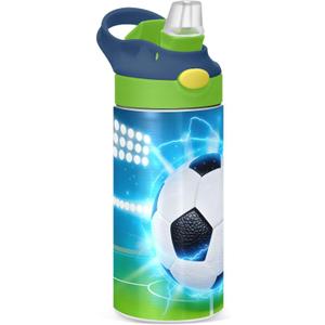 Soccer Ball on Field Kids Water Bottle with Straw Lid Insulated Stainless Steel Reusable Tumbler Leakproof Vacuum Boys Girls Toddler School Sports 12oz (A007)
