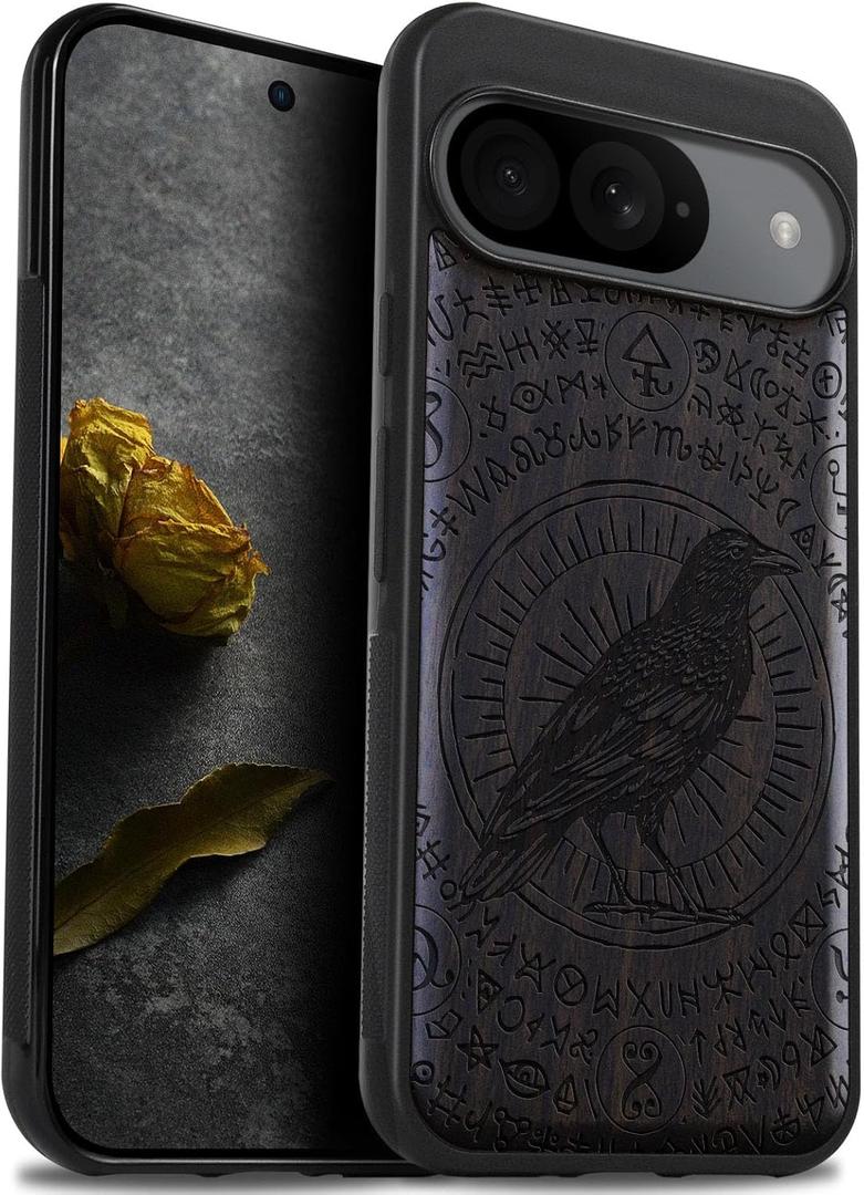 Carveit Wood Case for Pixel 9 Case [Natural Wood & Black Soft TPU] Shockproof Protective Unique Wooden Cover Compatible with Google Pixel 9 (The Haloed Crow-Blackwood)