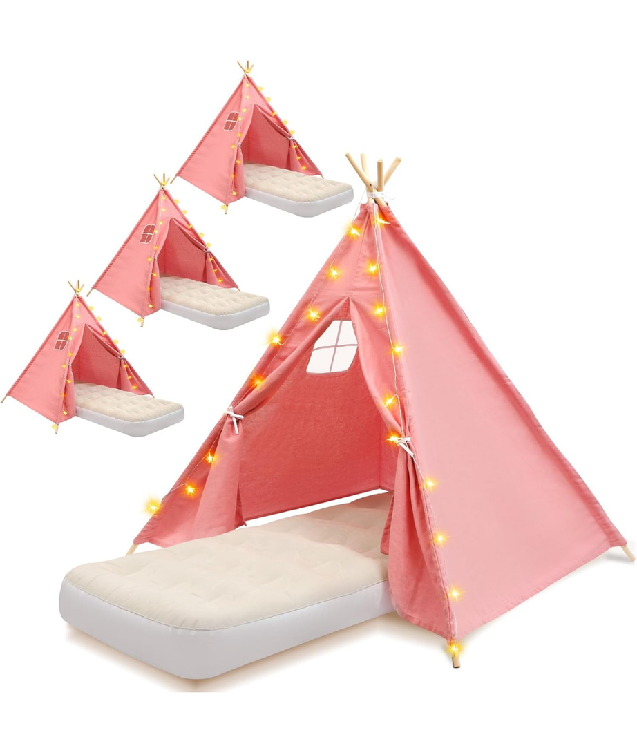 4 Pack Teepee Tent for Kids with Light String and Inflatable Airbed, Slumber Party Tents, Sleepover Tents Party for Girls Boys Indoor Outdoor (Pink)