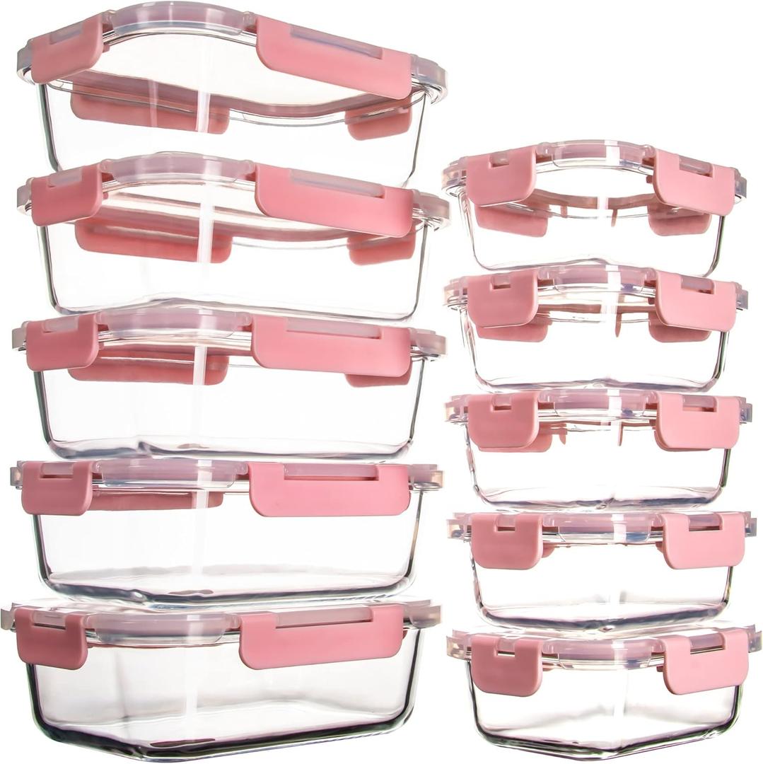 UMEIED 10 Pack Glass Food Storage Containers with Lids Leakproof, Airtight Glass Meal Prep Containers For Lunch, On The Go, Leftover, Dishwasher Safe (Pink)
