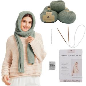 Chic Loops Knitting Kit for Beginners, Knitted Knit Wrap Beginner Crochet Kit for Adults, Crochet Warm Knit Wraps Long Scarf for Women Keeping Warm with Instruction(Matcha)