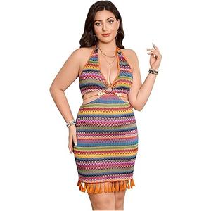 Women's Plus Size Halter Dress Boho Striped Ring Linked Tassel Hem Summer Western Mini Dresses, 2XL
