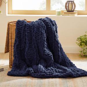 Bedsure Chunky Knit Throw Blanket for Couch - 100% Hand Knitted, 5.06 lbs GentleSoft Blanket with Giant Chenille Yarn for Bed Living Room Home Decor, Thick and Cozy, Navy, 50x60 Inches