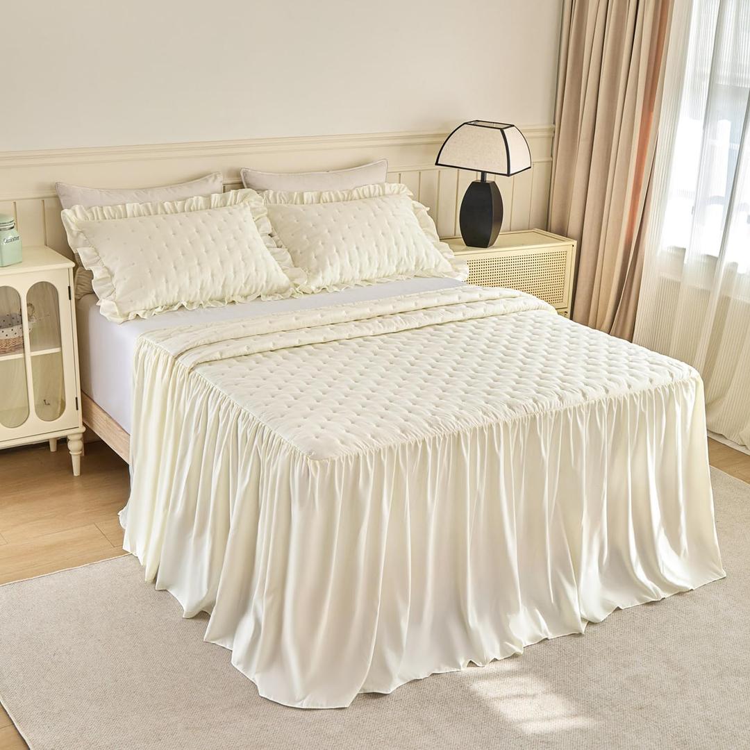 Ruffle Skirt Bedspread Set,3 Piece Bed Skirt Queen Size with 30-inch Extra Long Drop, Quilted French Country Farmhouse Bedding, Soft Microfiber Shabby Chic Bedspread with 2 Pillow Shams, Beige