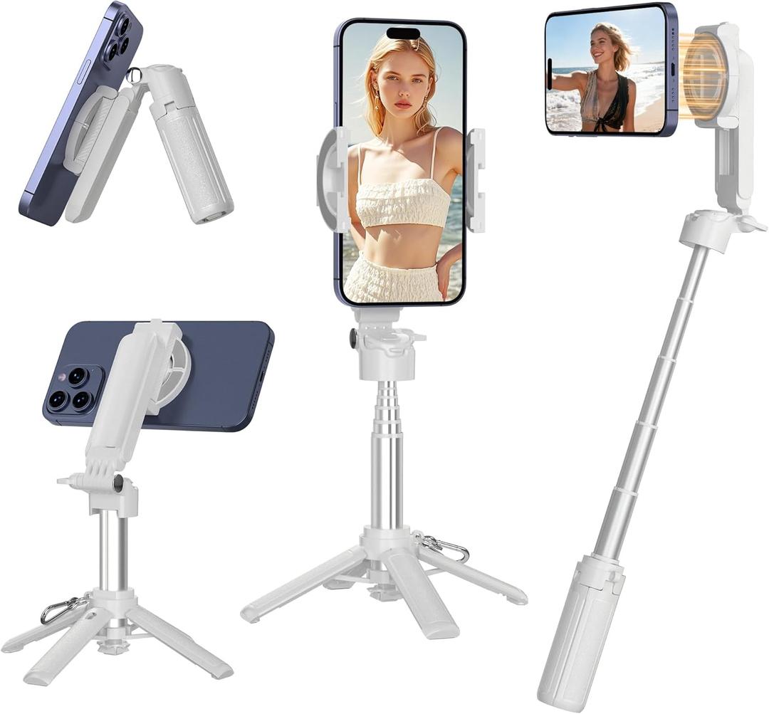 14.5" Mini Magnetic Tripod for iPhone, 4 in 1 Portable Pocket Size Selfie Stick for iPhone MagSafe/Android with Remote/Cold Shoe Mounts, Small/Compact Cell Phone Tripod Stand for Travel Vlogging-White