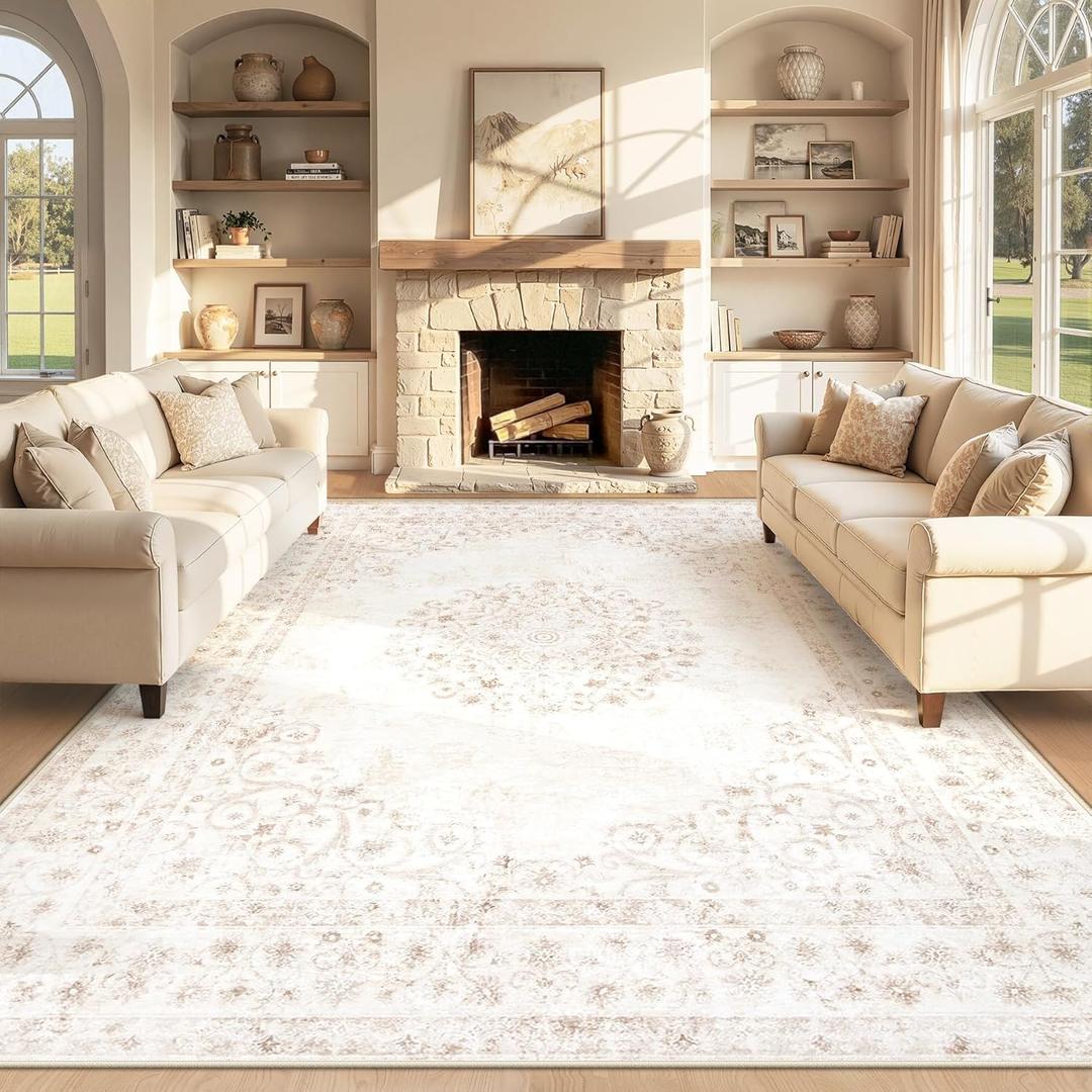 Area Rug 8x10 Vintage Rug: Large Washable Indoor Medallion Rugs Low Pile Distressed Floor Carpet Retro Accent Rug for Living Room Bedroom Kitchen Dining Table Home Office(Distressed Beige, 8'x10')