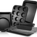 EWFEN Bakeware Sets, Baking Pans Set, Nonstick Oven Pan for Kitchen with Wider Grips, 7-Piece with Round/Square Cake Pan, Loaf Pan, Muffin Pan, Cookie Sheet, Roast Pan, Cooling Rack, Carbon Steel Bake