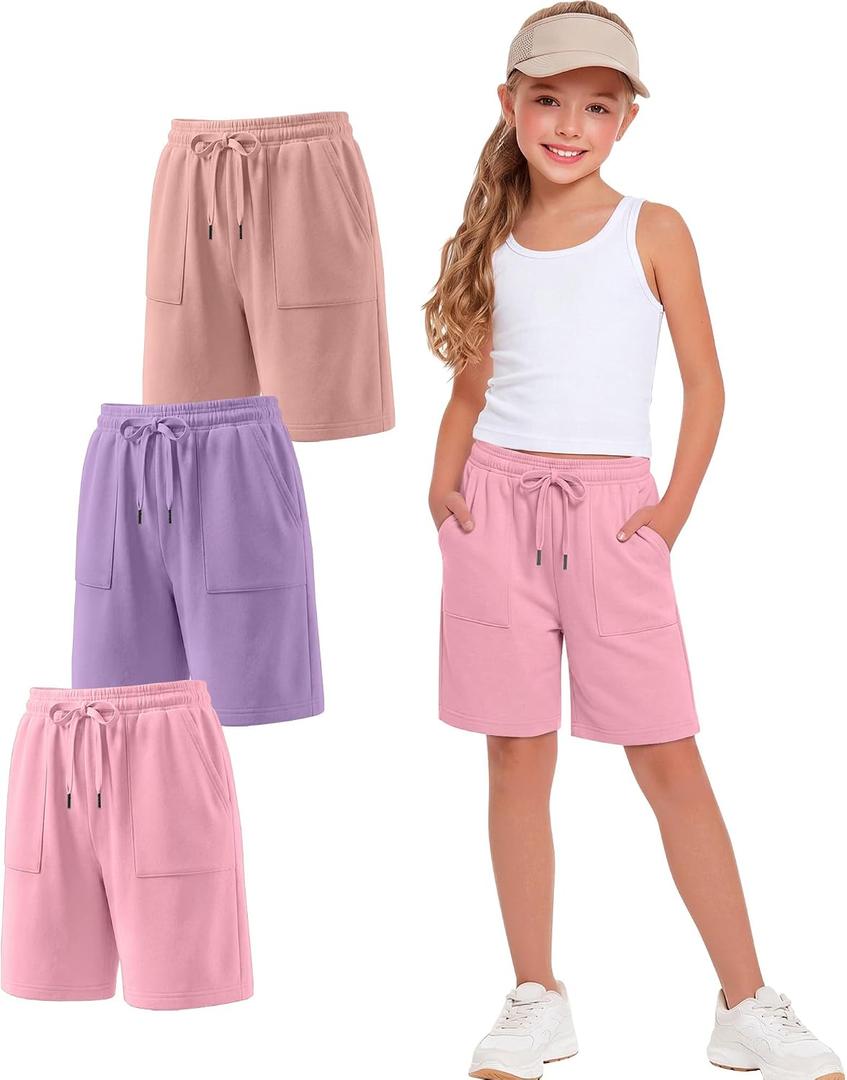 Xaatren 3 Pack Girls Bermuda Shorts | Knee Length Shorts, Long Shorts, Sweatshorts, for Kids 5-14 Years, Summer, Loose, Athletic, School, 2 Pockets, Drawstring